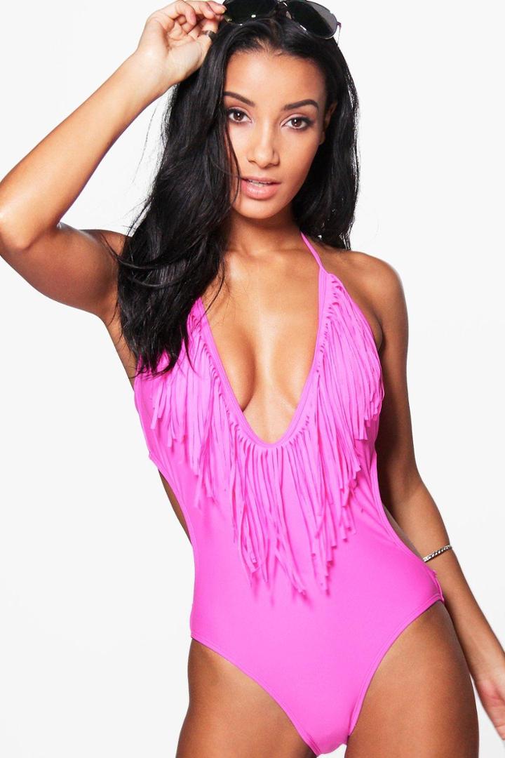 Boohoo Mauritius Fringed Plunge Bathing Suit Purple