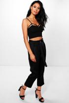 Boohoo Mia D Ring Belted Cropped Slim Fit Trousers Black