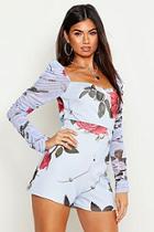 Boohoo Floral Ruched Mesh Playsuit
