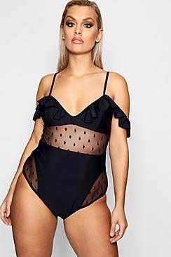 Boohoo Plus Lettie Polka Dot Mesh Frill Swimsuit