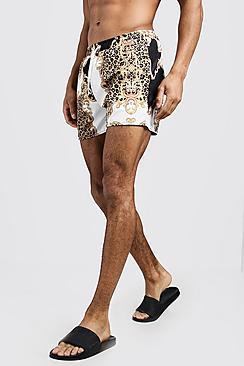 Boohoo Animal Baroque Swim Short In Mid Length