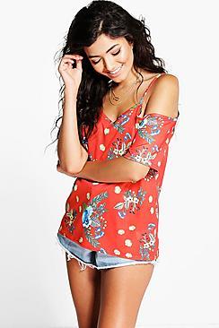 Boohoo Ava Cold Shoulder Printed Top
