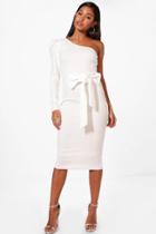 Boohoo Hollie One Shoulder Bow Waist Midi Dress Ivory