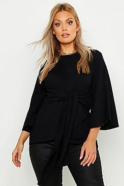 Boohoo Plus Jumbo Rib Kimono Sleeve Tie Waist Top