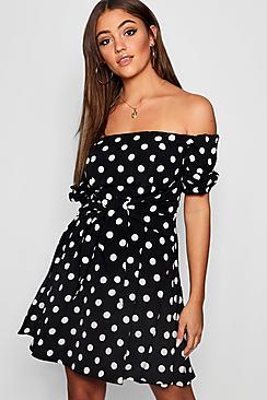 Boohoo Blouson Sleeve Polka Dot Skater Dress