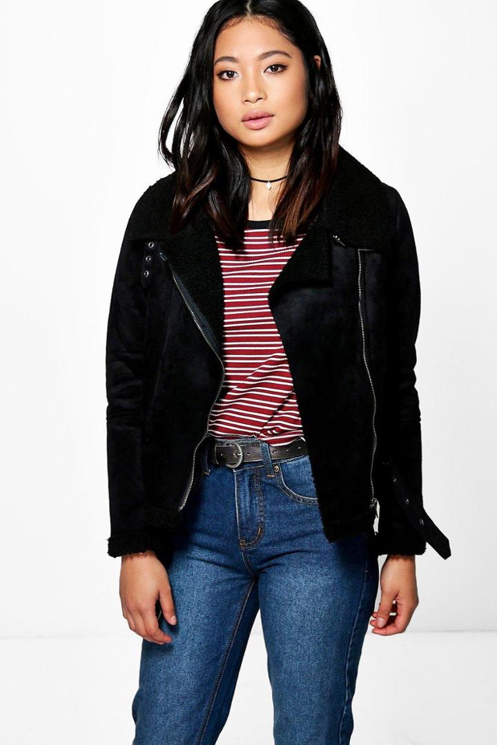 Boohoo Petite Yani Cropped Aviator Fur Lined Jacket Black