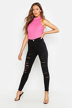 Boohoo Distressed High Waist Skinny Jean