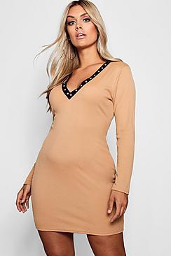 Boohoo Plus V Neck Popper Sleeve Bodycon Mini
