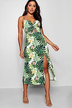 Boohoo Leah Tropical Print Strappy Ruched Midi Dress