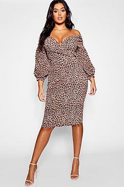 Boohoo Plus Leopard Off Shoulder Midi Dress