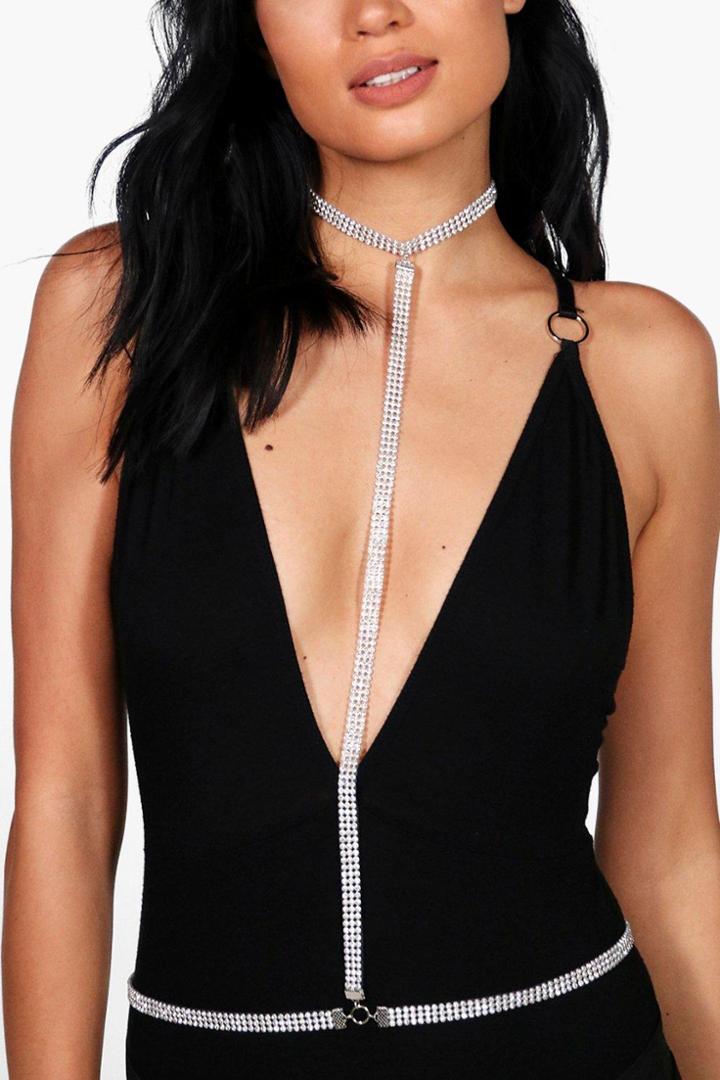 Boohoo Jenny Diamante Choker And Body Chain Silver
