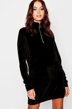 Boohoo Funnel Neck O-ring Zip Velour Bodycon Dress