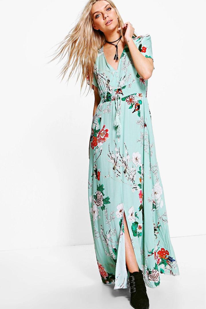 Boohoo Francine Floral Detail Button Maxi Dress Sage