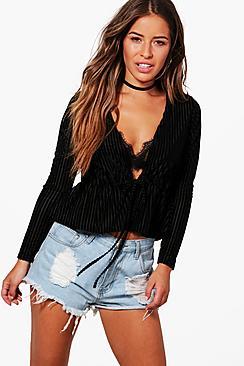 Boohoo Petite Hannah Velvet Stripe Tie Waist Peplum Top