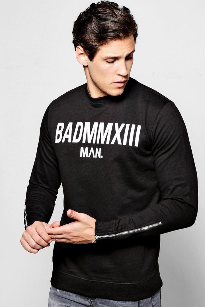 Boohoo Bad Man Print Sweater With Side Zips Black