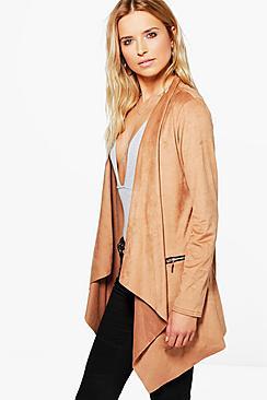 Boohoo Polly Suedette Zip Pocket Waterfall Jacket