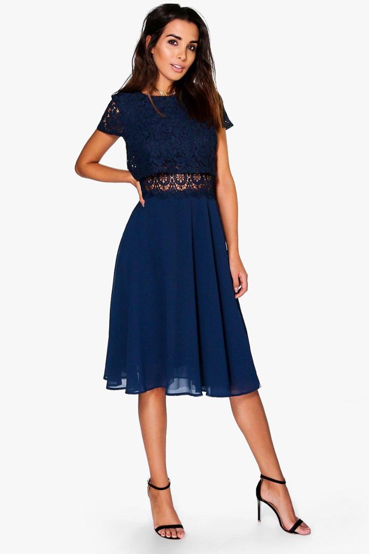 Boohoo Annie Lace Top Chiffon Skater Dress Navy