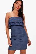 Boohoo Ruby Ruffle Off The Shoulder Denim Dress