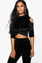 Boohoo Naomi Crushed Velvet Cold Shoulder Crop Black