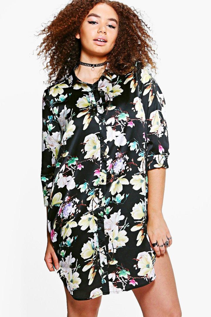 Boohoo Plus Sadie Floral Satin Shirt Dress Black