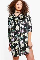 Boohoo Plus Sadie Floral Satin Shirt Dress Black