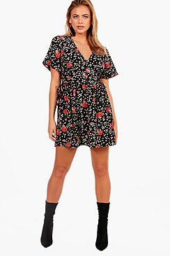 Boohoo Fizz Floral Angel Sleeve Lace Side Tea Dress