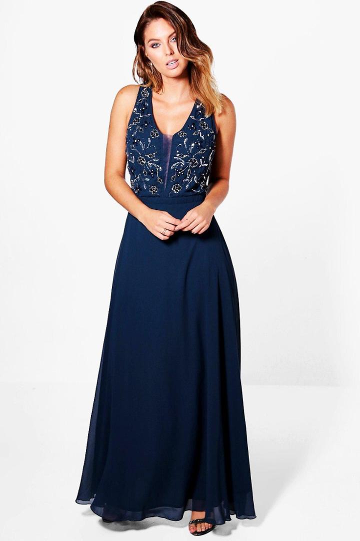Boohoo Boutique Orla Floral Embellished Maxi Dress Navy