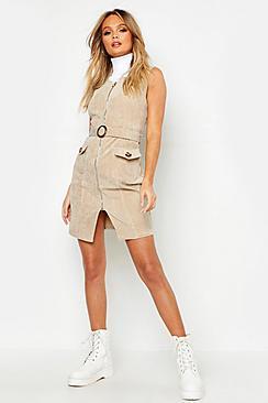 Boohoo Cord Belted Pinny Dress