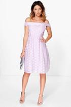 Boohoo Layla Polka Dot Organza Skirt Off Shoulder Dress Lilac