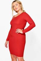 Boohoo Plus Molly Ribbed Long Sleeve Bodycon Dress Cinnamon