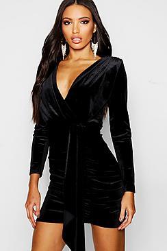 Boohoo Long Sleeved Plunge Front Drape Bodycon Dress