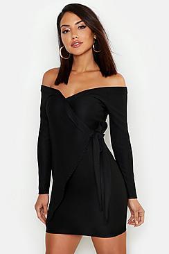 Boohoo Off The Shoulder Wrap Rib Bodycon Mini Dress