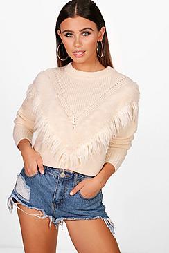 Boohoo Petite Elena Faux Fur Trim Oversized Jumper