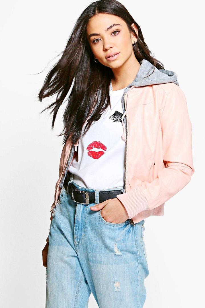 Boohoo Imogen Faux Leather Hooded Biker Jacket Pink