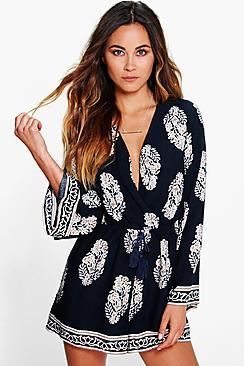 Boohoo Cara Wrap Front Printed Playsuit