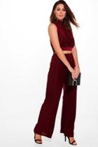 Boohoo Mia Slinky High Neck Crop & Wide Trouser Co-ord Berry