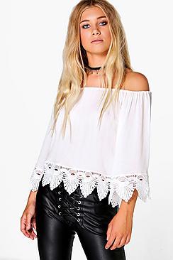 Boohoo Rebecca Woven Crochet Hem Off The Shoulder Top