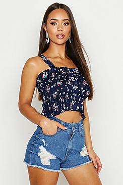 Boohoo Woven Floral Shirred Crop Top