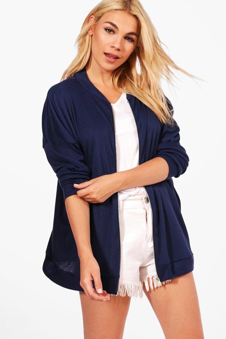 Boohoo Diana Longline Rib Bomber Jacket Navy