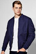 Boohoo Navy Zip Through Cotton Bomber With Ruched Sleeves