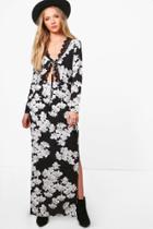 Boohoo Georgia Floral Tie Front Lace Trim Maxi Dress Black