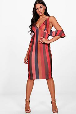 Boohoo Rosa Stripe Cold Ruffle Shoulder Midi Dress