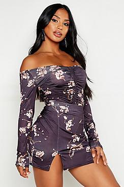 Boohoo Slinky Cherry Blossom Split Mini Skirt