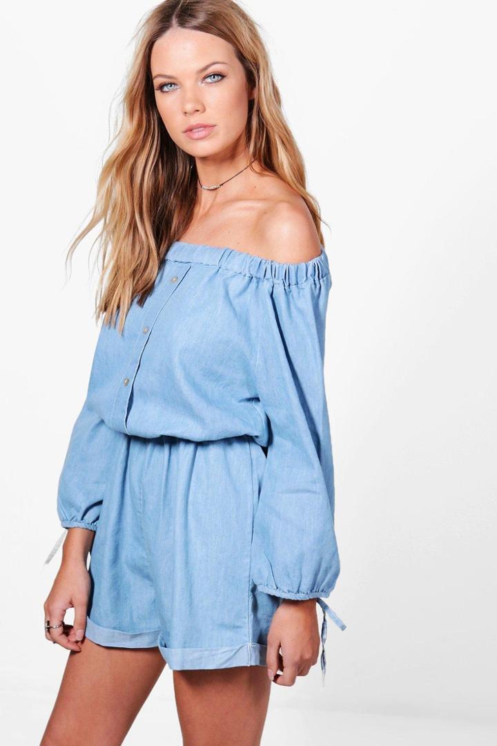 Boohoo Olivia Off The Shoulder Denim Playsuit Blue