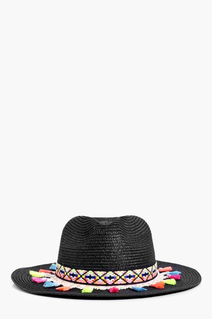 Boohoo Lily Fringe & Aztec Straw Fedora Black