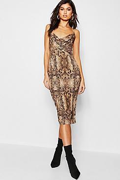 Boohoo Satin Midi Cowl Front Dress