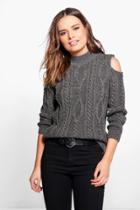 Boohoo Emily Cable Knit Cold Shoulder Jumper Charcoal