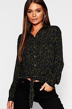 Boohoo Leopard Tie Front Shirt