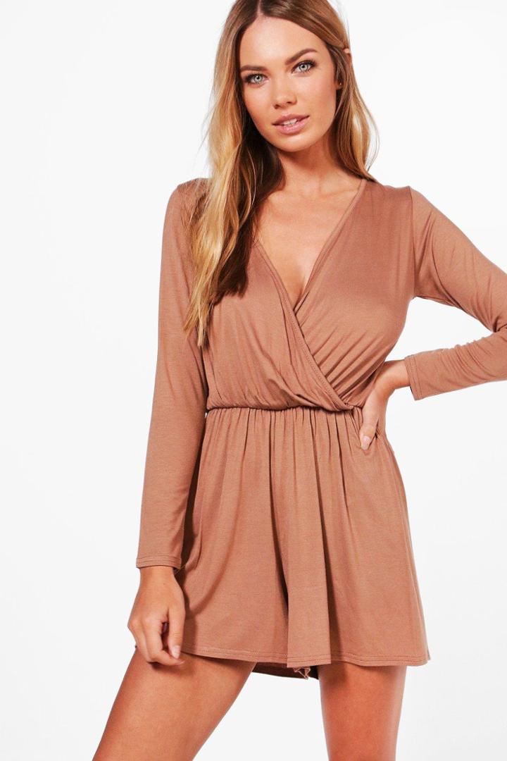 Boohoo Lorraine Wrap Over Jersey Playsuit Camel