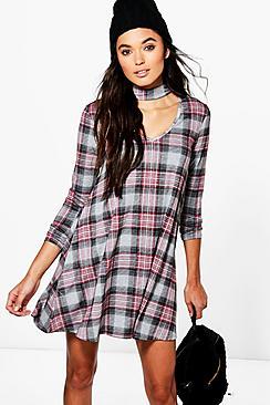 Boohoo Sasha Choker Check High Neck Swing Dress
